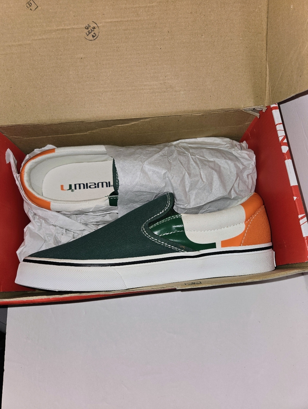 Row One Women's 7.5 U of Miami Slip-On Canvas Sneakers- Green & Orange NEW - Picture 2 of 12